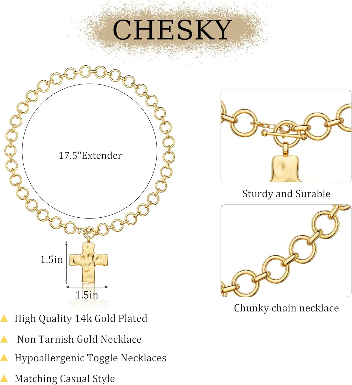 CHESKY Chunky Gold Necklace for Women, Trendy 14K Gold Plated Paperclip Chain Necklace Thick Cross Heart Pendant Necklace Layered Herringbone Cuban Link Chain Toggle Necklaces Non Tarnish Jewelry