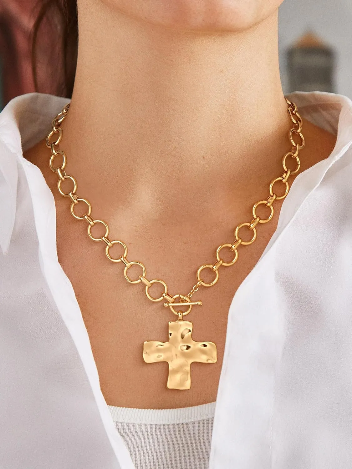 CHESKY Chunky Gold Necklace for Women, Trendy 14K Gold Plated Paperclip Chain Necklace Thick Cross Heart Pendant Necklace Layered Herringbone Cuban Link Chain Toggle Necklaces Non Tarnish Jewelry