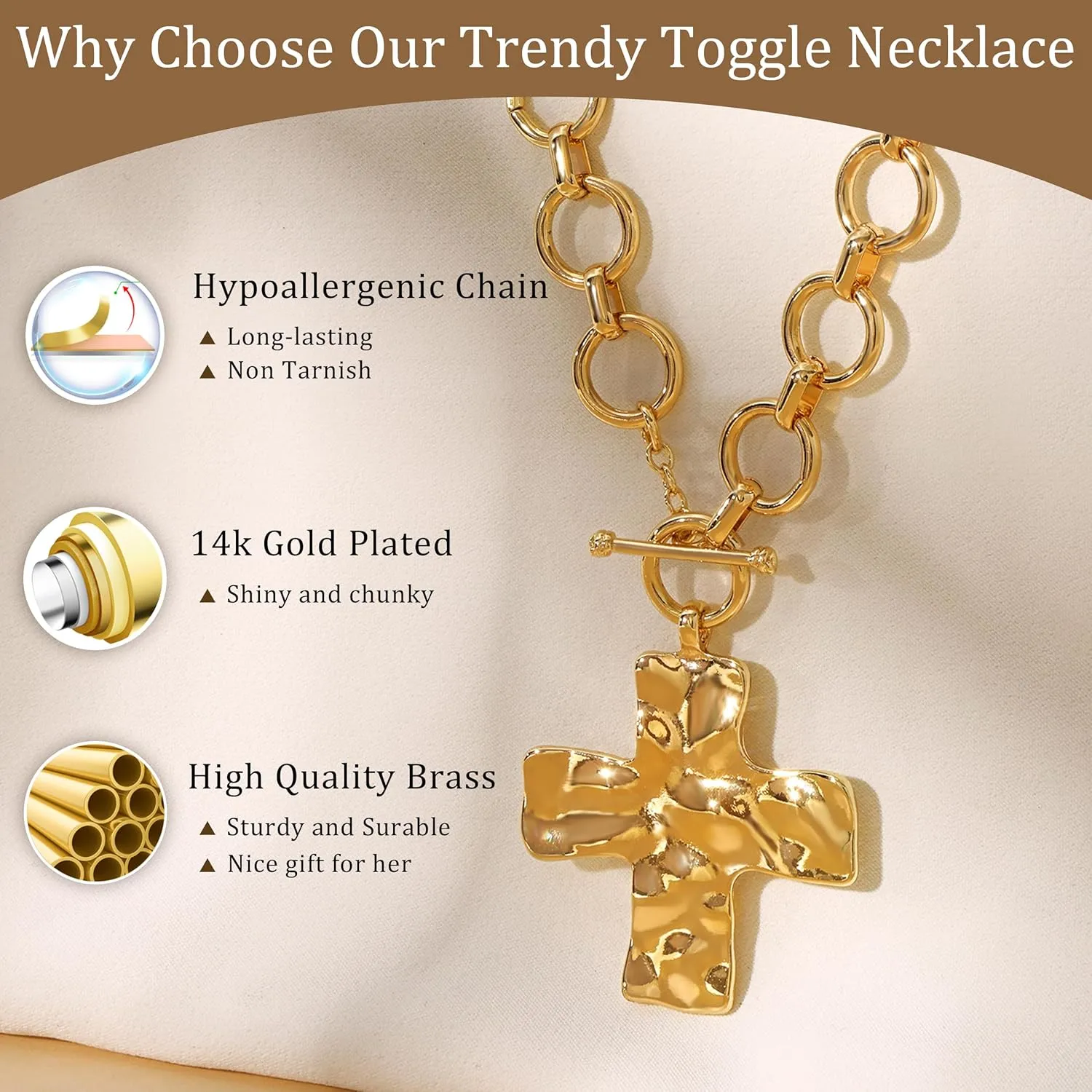 CHESKY Chunky Gold Necklace for Women, Trendy 14K Gold Plated Paperclip Chain Necklace Thick Cross Heart Pendant Necklace Layered Herringbone Cuban Link Chain Toggle Necklaces Non Tarnish Jewelry