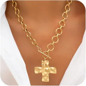 CHESKY Chunky Gold Necklace for Women, Trendy 14K Gold Plated Paperclip Chain Necklace Thick Cross Heart Pendant Necklace Layered Herringbone Cuban Link Chain Toggle Necklaces Non Tarnish Jewelry
