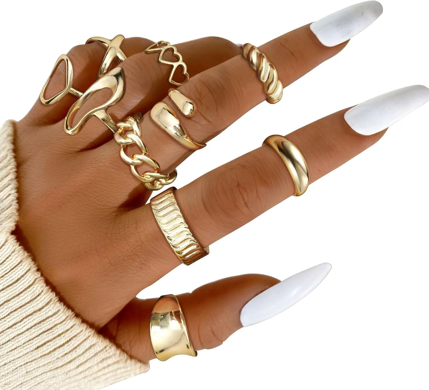Florideco 10 PCS Chunky Gold Rings for Women Non Tarnish 18K Gold Plated Stackable Rings Adjustable Open Statement Ring Set