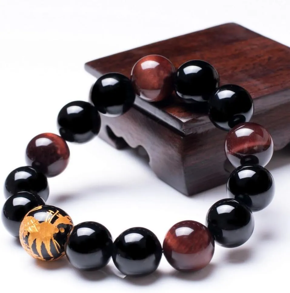 Men's Tiger Eye Stone Elastic Bead Bracelet with Dragon Pattern Bead | Dragon & Beaded Bracelet