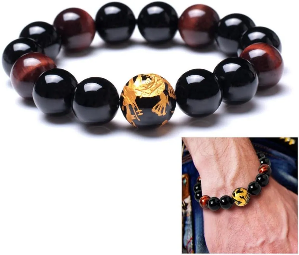Men's Tiger Eye Stone Elastic Bead Bracelet with Dragon Pattern Bead | Dragon & Beaded Bracelet