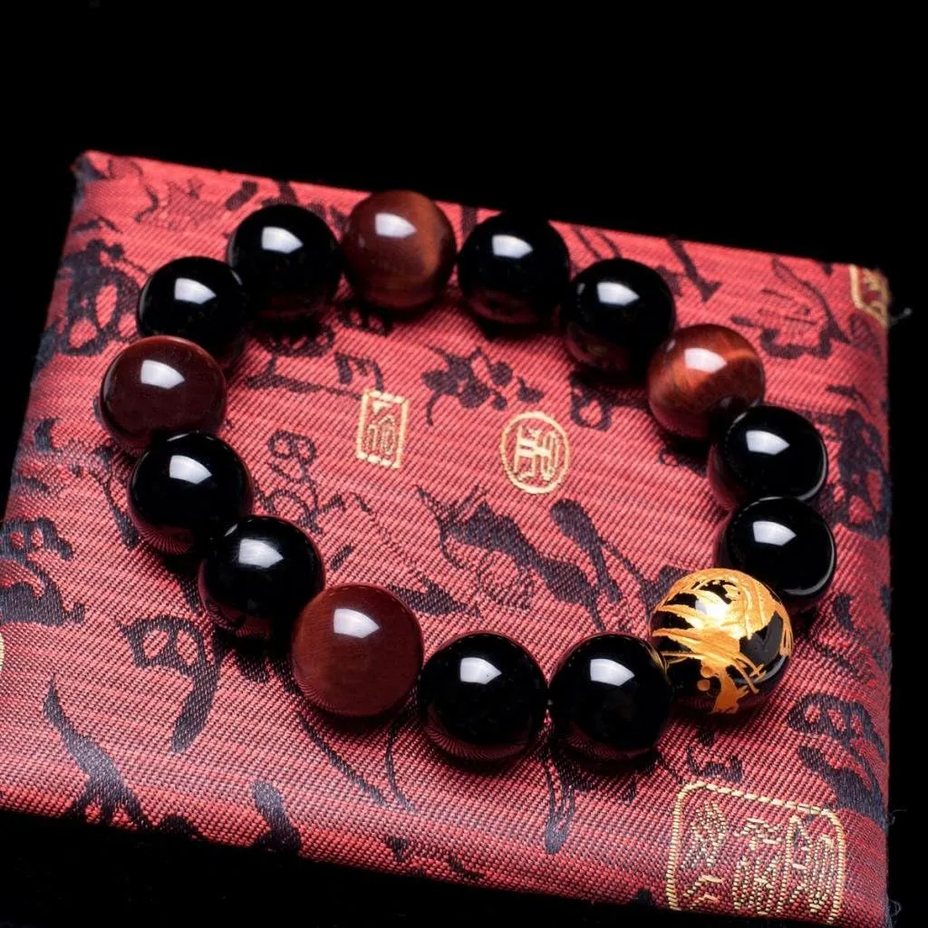 Men's Tiger Eye Stone Elastic Bead Bracelet with Dragon Pattern Bead | Dragon & Beaded Bracelet