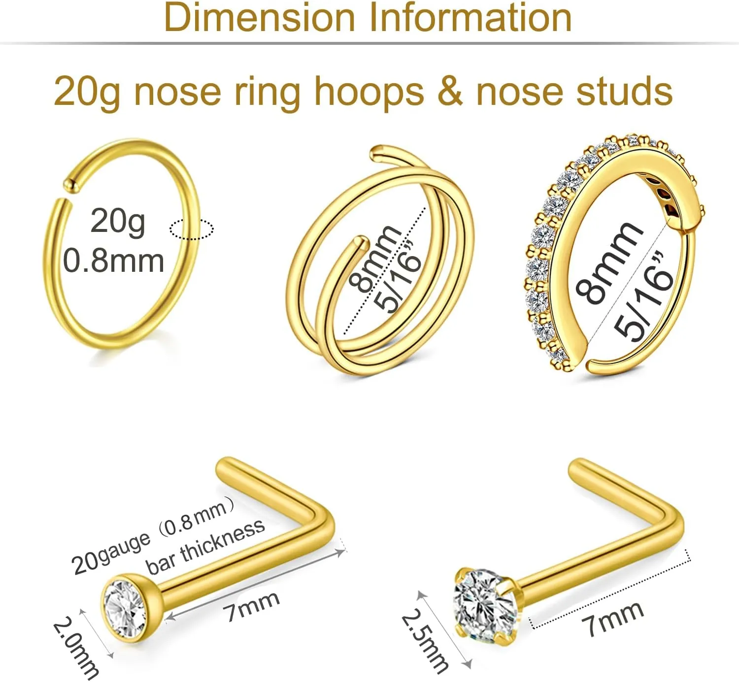 MODRSA Nose Hoops & Rings - L-Shaped, Studs, Gold & Silver Nose Piercings - 20g & 22g - Surgical Stainless Steel & Corkscrew Designs for Women & Men