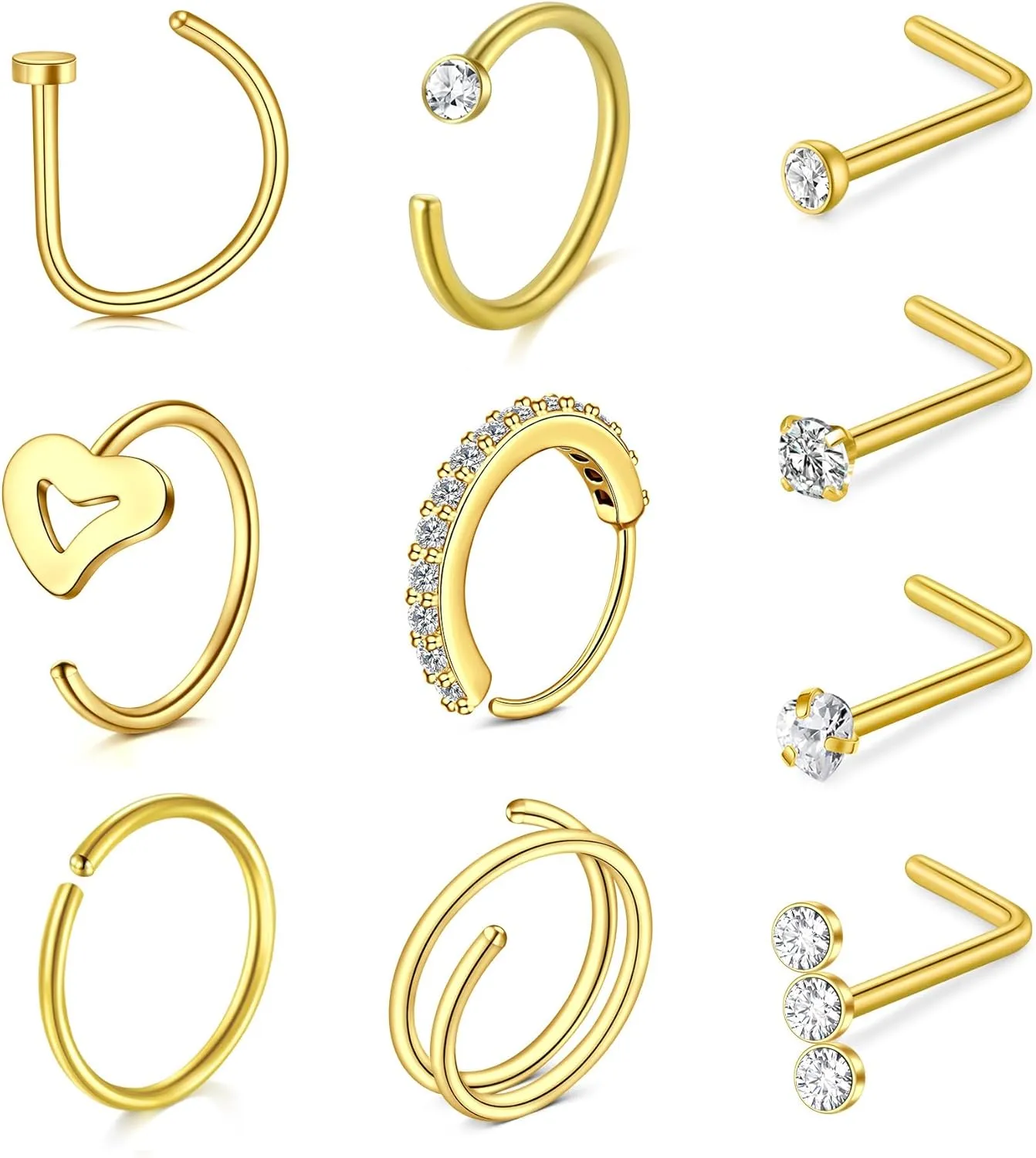 MODRSA Nose Hoops & Rings - L-Shaped, Studs, Gold & Silver Nose Piercings - 20g & 22g - Surgical Stainless Steel & Corkscrew Designs for Women & Men