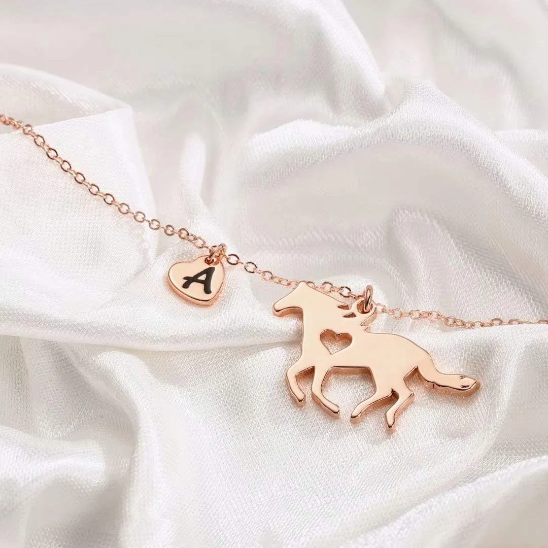 MONOOC Horse Necklace for Girls - Dainty Pendant Heart 26 Initial Jewelry for Women, Kids, Horse Lovers