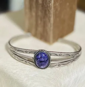 Native Inspired Charoite Sterling Silver Rope Bangle Cuff