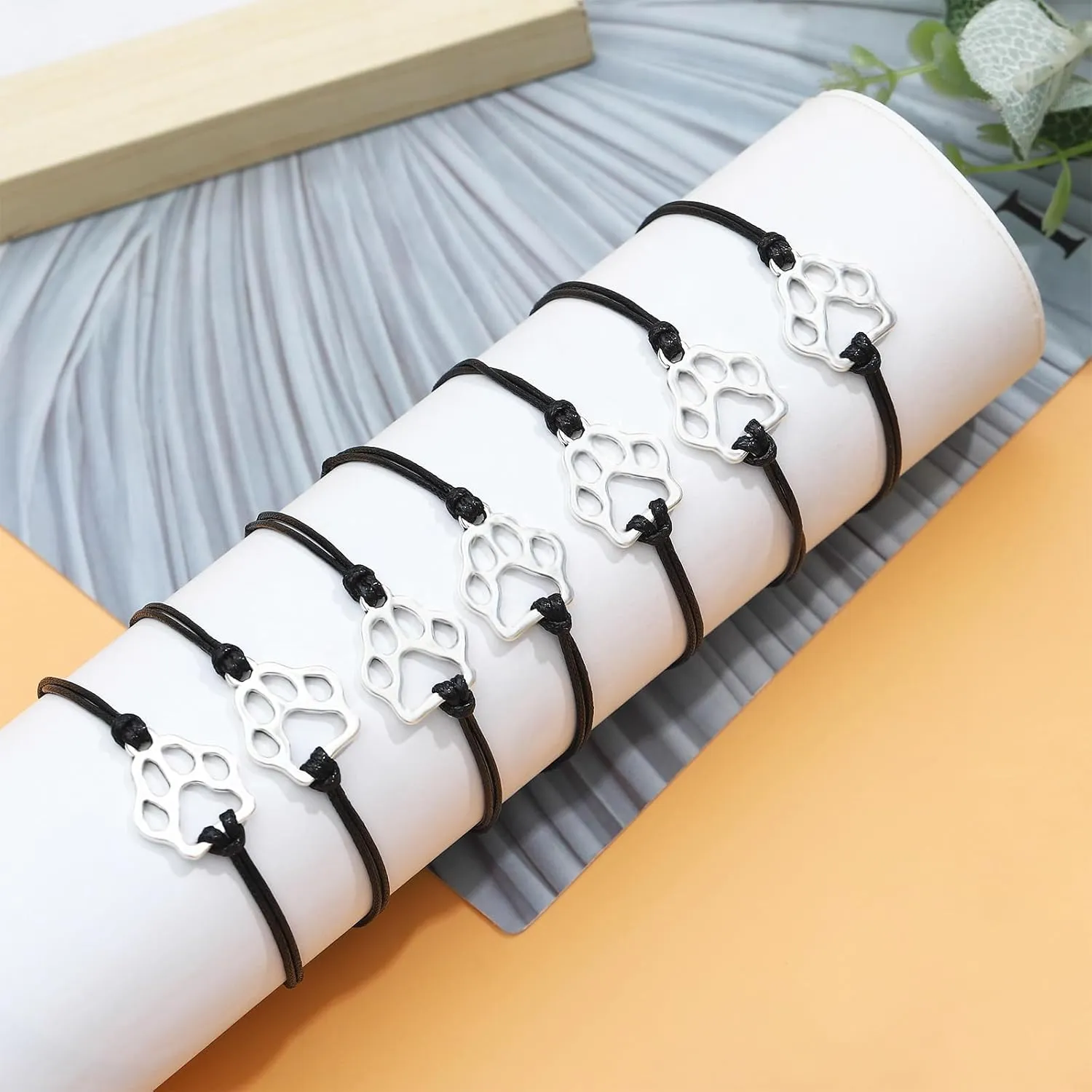 NEWITIN 16 Pieces Paw Print Bracelets for Women Handmade Adjustable Strings Stainless Steel Cat Dog Bracelets Family Friend Couple Jewelry for Women Men