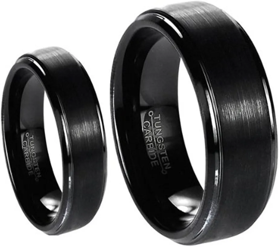 Ring for Men and Ring for Women His & Her's Matching Set 6mm / 8mm Black Brushed Center with Polished Edge Tungsten Carbide Wedding Band Set Wedding Band Ring Ideal Rings for couples