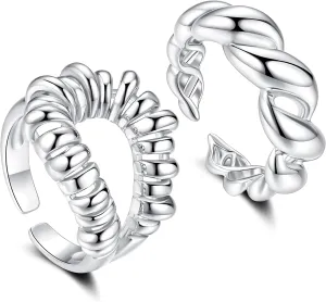 ZRU 2Pcs Silver Statement Rings Set for Women Men | Adjustable Dainty Silver Plated Ring | Finger Rings Promise Friendship Single Couple Rings Silver Plated Jewelry